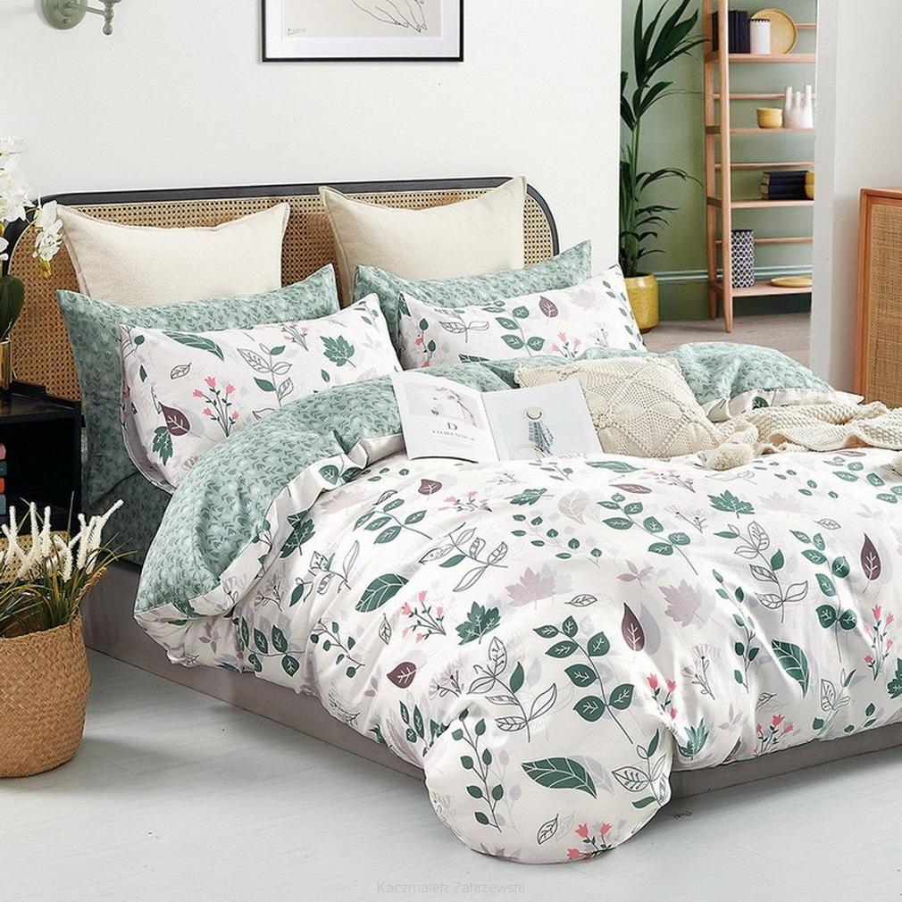 Pościel satynowa 200x220 biała zielona leśne zioła + liście