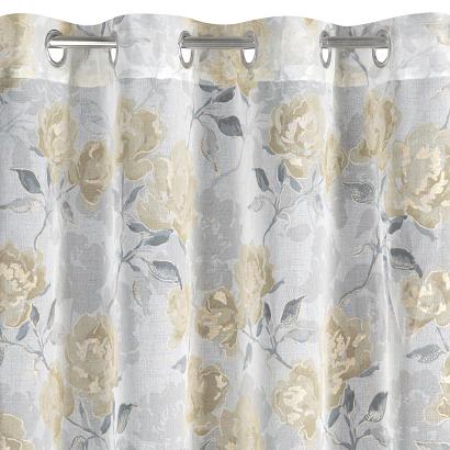 Firana gotowa na przelotkach INARI 140x250 Eurofirany srebrna musztardowa z etaminy w kwiaty