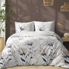 Pościel bawełniana 220x200 Detexpol biała beżowa grafitowa w lilie i trawy