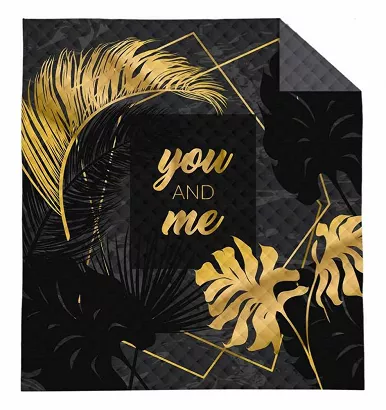 Narzuta dekoracyjna You and me 220x240 czarna szara złota pikowana napis liście