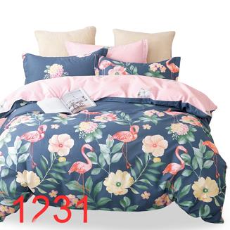 Pościel satynowa z prześcieradłem 160x200 indygo różowa kwiaty flamingi