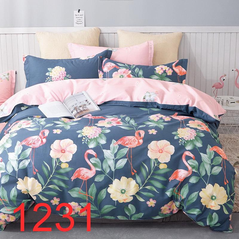 Pościel satynowa z prześcieradłem 160x200 indygo różowa kwiaty flamingi