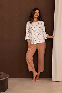 Piżama damska REGINA kod 4027 ecru w karmelowe grochy