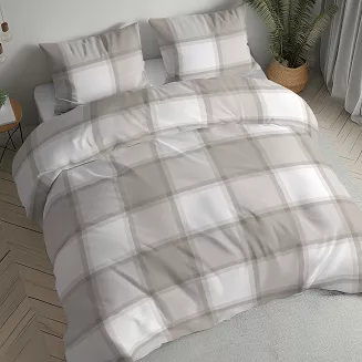 Pościel flanelowa 160x200 beżowa biała krata buffalo