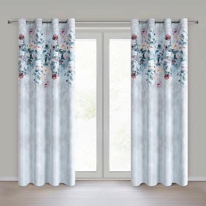 Zasłona gotowa na przelotkach VIOLA 140x250 Eurofirany srebrna niebieska w pastelowe kwiaty na górze