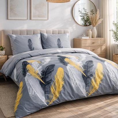 Pościel satyna bawełniana SATYNLOVE 140x200 szara w białe złote czarne pióra