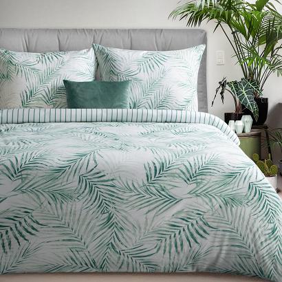 Pościel satynowa RAYA3 140x200 Eurofirany biała miętowa liscie palmy paski