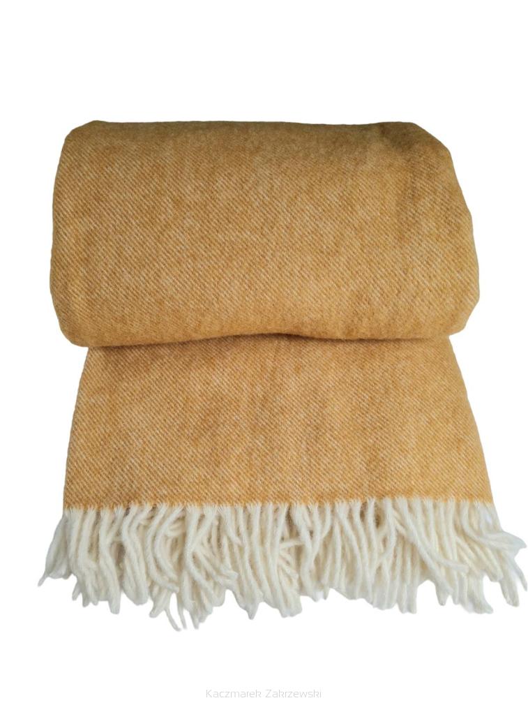 Koc wełniany z frędzlami 150x200 DIAGONAL wełna nowozelandzka miodowy