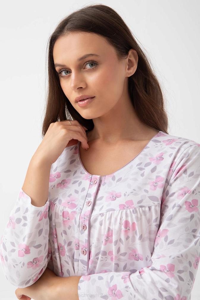 Koszula damska LUNA kod 338 biała w różowe beżowe kwiaty listki