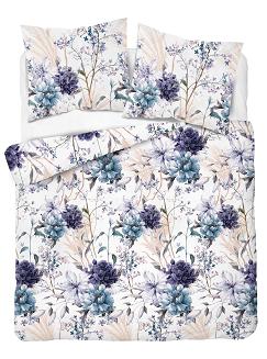 Pościel satynowa 160x200 Detexpol biała fioletowa niebieska w kwiaty i trawy
