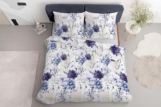 Pościel satynowa 160x200 Detexpol biała fioletowa niebieska w kwiaty i trawy