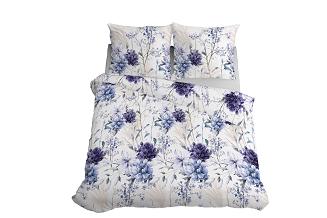 Pościel satynowa 160x200 Detexpol biała fioletowa niebieska w kwiaty i trawy