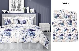 Pościel satynowa 160x200 Detexpol biała fioletowa niebieska w kwiaty i trawy