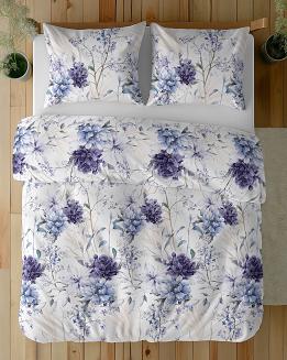 Pościel satynowa 160x200 Detexpol biała fioletowa niebieska w kwiaty i trawy