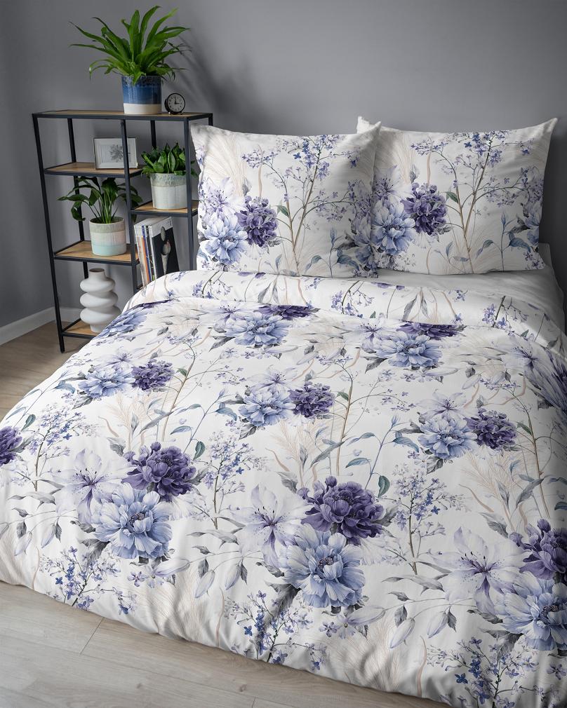 Pościel satynowa 160x200 Detexpol biała fioletowa niebieska w kwiaty i trawy