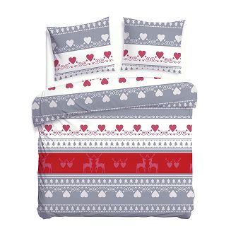 Pościel flanelowa FLANELOVE 180x200 szara w serca i choinki