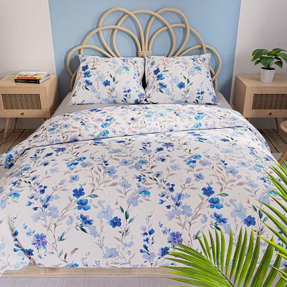 Komplet pościeli z bawełny satynowej FLORISSE 220x200 biała niebieskie błękitne kwiatki