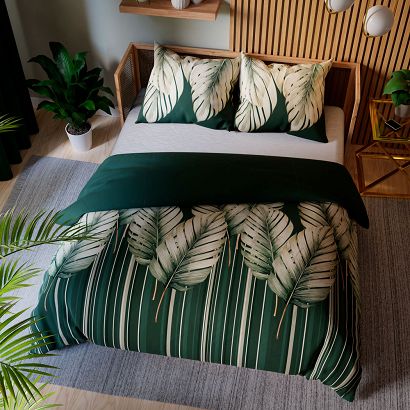 Komplet pościeli TROPICANA z bawełny satynowej 160x200 zielona beżowa paski duże palmowe liście