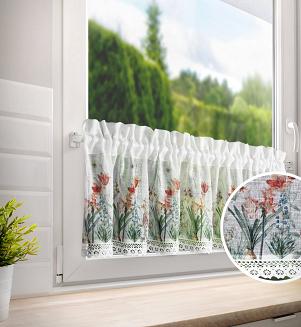 Zazdrostka firana gotowa na tunel NEMEZJA 130x50 Eurofirany biała fioletowa kwiaty amarylisy lilie