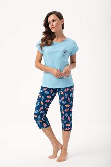 Piżama damska LUNA kod 687 niebieska liście miłorzębu