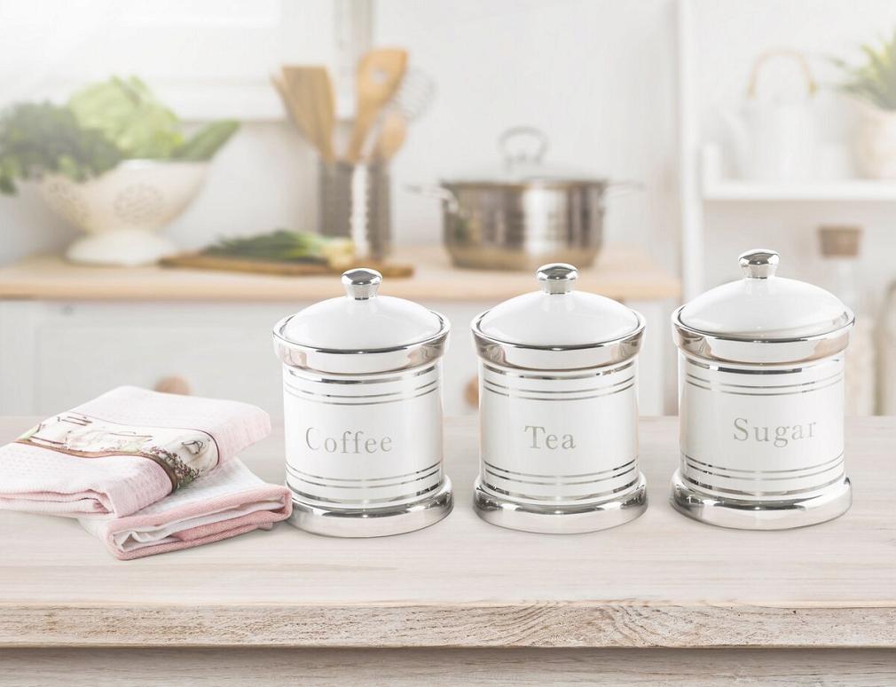 Pojemniki ceramiczne do kuchni ADELA komplet 3 szt. biały srebrne kawa herbata cukier