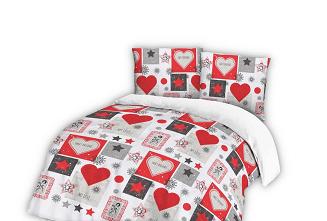 Pościel flanelowa 160x200 Darymex szare czerwone serca i gwiazdki
