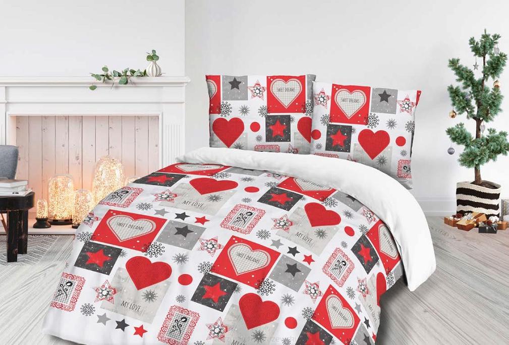 Pościel flanelowa 160x200 Darymex szare czerwone serca i gwiazdki