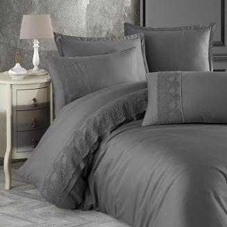 Pościel satyna bawełniana z gipiurą  220x200 Valinor szara