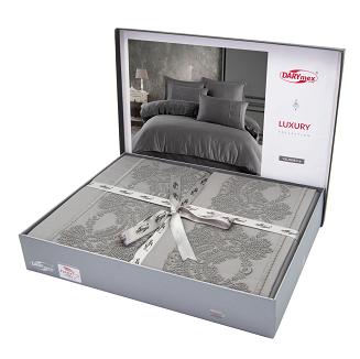 Pościel satyna bawełniana z gipiurą  220x200 Valinor szara