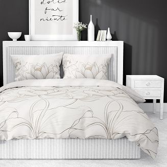 Pościel satynowa 160x200 Detexpol kremowa kwiaty lotosu