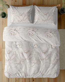 Pościel satynowa 160x200 Detexpol kremowa kwiaty lotosu