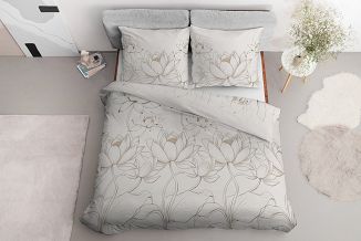 Pościel satynowa 160x200 Detexpol kremowa kwiaty lotosu