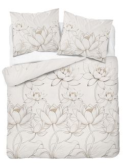 Pościel satynowa 160x200 Detexpol kremowa kwiaty lotosu