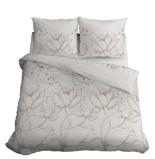 Pościel satynowa 160x200 Detexpol kremowa kwiaty lotosu