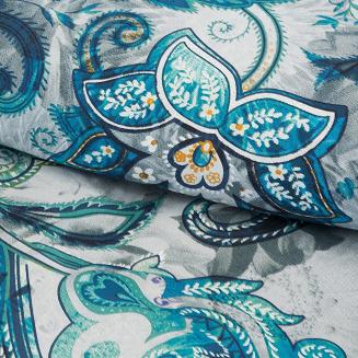 Pościel satynowa NIKA 160x200 Eurofirany niebieska biała wielokolorowa paisley kwiaty