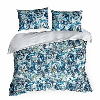 Pościel satynowa NIKA 160x200 Eurofirany niebieska biała wielokolorowa paisley kwiaty