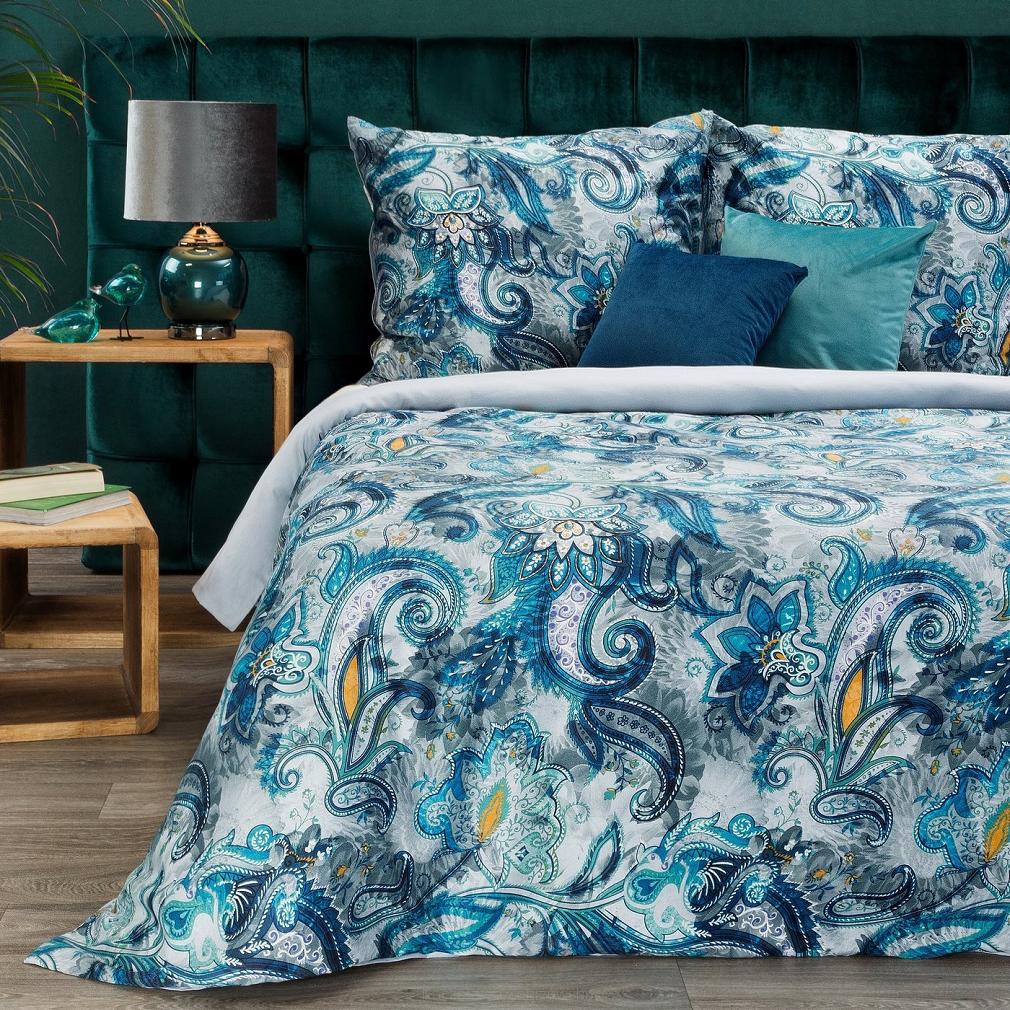 Pościel satynowa NIKA 160x200 Eurofirany niebieska biała wielokolorowa paisley kwiaty