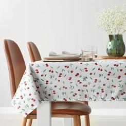 Obrus dekoracyjny wodoodporny CHERRY 140x220 Eurofirany biały w czerwone wiśnie