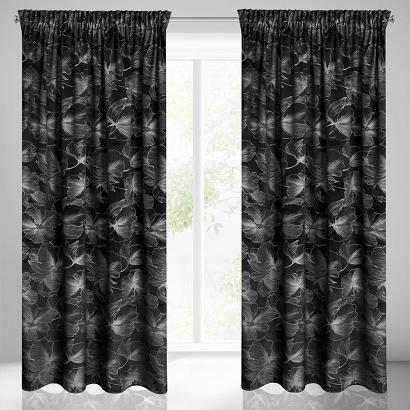 Zasłona gotowa na taśmie STELLA 140x300 Eurofirany welwetowa czarna ze srebrnym nadrukiem kwiatów