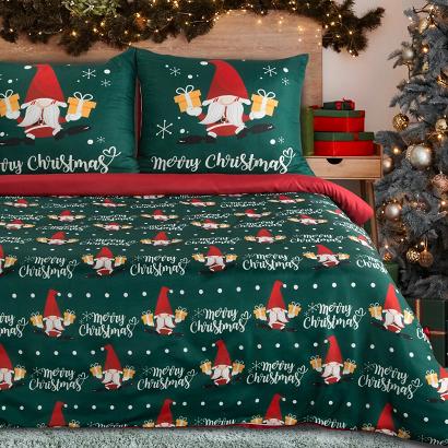 Komplet pościeli świąteczny GALDOR 160x200 zielona czerwona skrzaty z prezentami