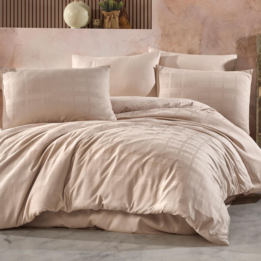 Pościel satyna bawełniana MARSELA EXCLUSIVE 180x200 beżowa w kratkę