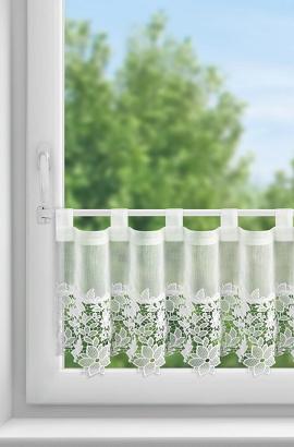 Zazdrostka gotowa na szelkach ARTEMIDA 150x40 Eurofirany biała z etaminy kwiatowa aplikacja na dole