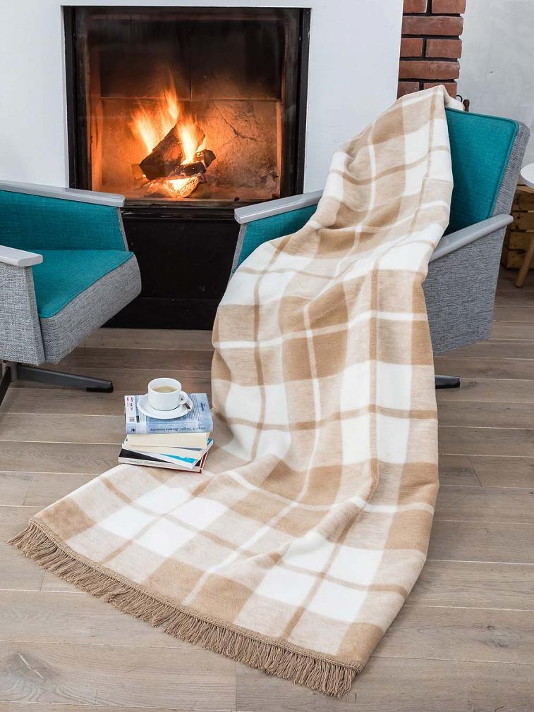 Koc bawełniano-akrylowy 150x200 wzór 1012-1 beżowy kremowy krata