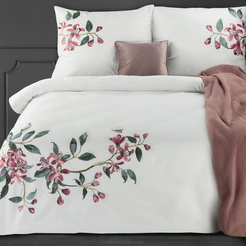 Pościel haftowana HAFT5 160x200 Eurofirany kwiaty biała różowa