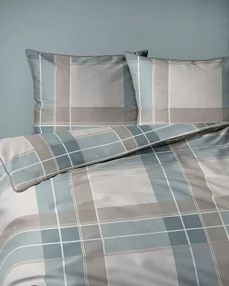 Pościel z perkalu Lamé Percale 220x200 beżowa niebieska krata ozdobna lamówka biza