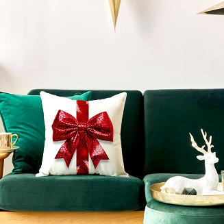 Poszewka dekoracyjna świąteczna BROKATOWA KOKARDA 40x40 welwetowa biała czerwona