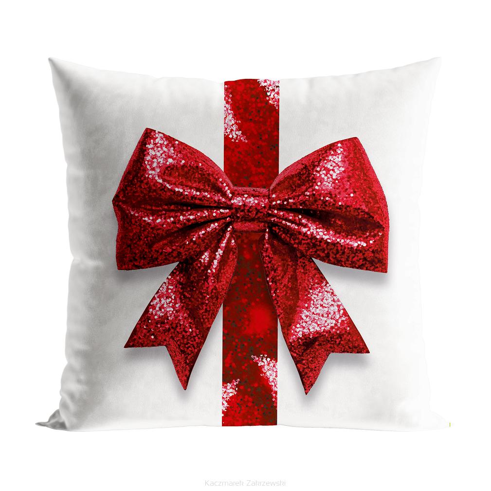 Poszewka dekoracyjna świąteczna BROKATOWA KOKARDA 40x40 welwetowa biała czerwona