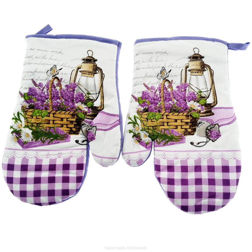 Rękawice kuchenne 18x27 z magnesem 2 szt. fioletowo-biała kratka koszyk