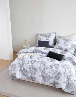 Biała Pościel Vintage z Nadrukiem Satyna Bawełniana 160x200 z Szarą Lamówką Biza