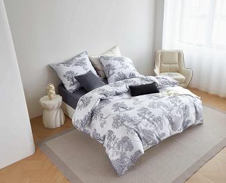 Biała Pościel Vintage z Nadrukiem Satyna Bawełniana 160x200 z Szarą Lamówką Biza